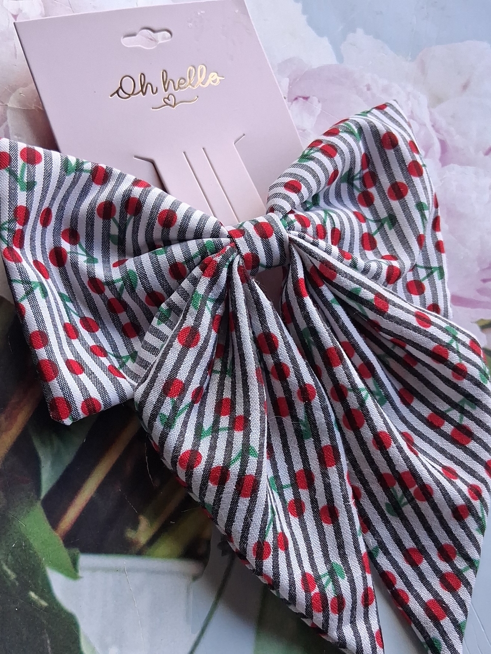 Red Cherry Pinstripe Bow Coquette Girl Retro Vintage Pinup 6" Alligator Clip